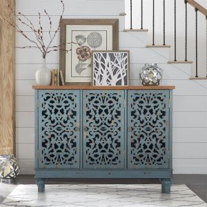 Sophia & William Sideboard and Buffet with Storage, 3-Door Hollow-Carved Accent Cabinet, Distressed Wood Storage Cabinet Cupboard for Kitchen, Dining Room, Living Room, Entryway, Blue