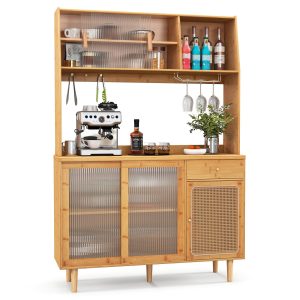 Giantex Pantry Cabinet, 69" Bamboo Hutch Cabinet with Storage, Drawer, Microwave Countertop, Glass Holder, Freestanding Buffet Sideboard with Rattan Door Cabinet, Tall Cupboard for Kitchen Coffee Bar