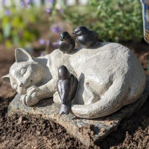 Sleeping Cat Garden Statues Outdoor - 12"Sparrows On Cat Figurine Memorial Statue Grave Markers Garden Resin Sleeping Cat Statues for Garden Decor Outdoor Cat Statue Resin 12" x 8" x 4.5"LC LCdecohome