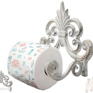 Decorative Cast Iron Fleur De Lis Toilet Paper Roll Holder - Wall Mounted, Antique White, Vintage Rustic Design - Bathroom Accessory with Easy Installation - Included Screws and Anchors