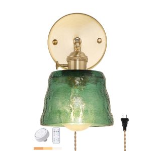 Shenmoyl Vintage Wall Sconce, Wireless LED Battery Operated 3-COLORS Wall Light Sconces Light Fixture with Remote Control for Bedroom Bathroom Living Room (Blackish Green Frosted)