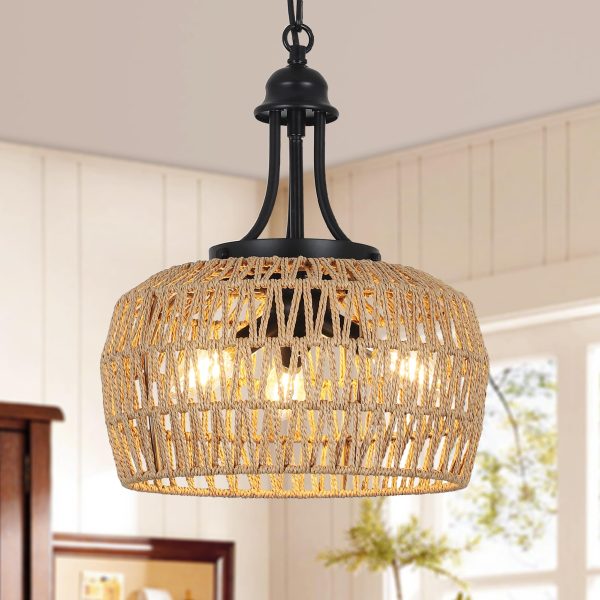 HMVPL Farmhouse Chandelier for Dining Room, 3-Light Boho Rattan Chandelier Light Fixture Ceiling Hanging with Woven Lampshade, Small Wicker Coastal Pendant Light for Kitchen Bedroom Island Hallway