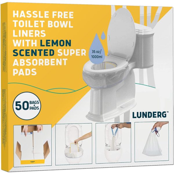 Lunderg Toilet Bowl Liners with Lemon Scented Super Absorbent Pads - Value Pack 50 Count Universal Fit - Disposable Toilet Bags to Convert any Home, Boat or Camping Toilet in a Dry Toilet