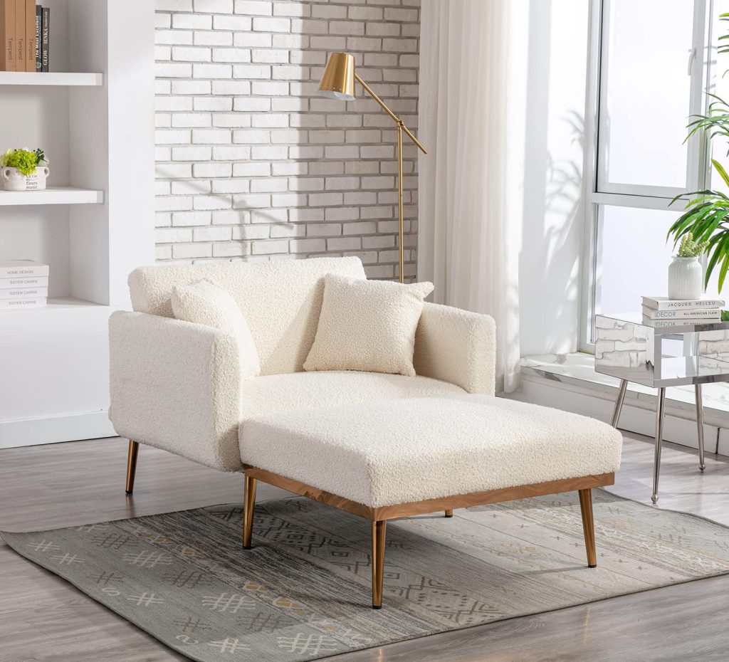 KINFFICT Convertible Chaise Lounge Chair, Modern Lounger Chair with 3 Adjustable Angles, Indoor Sleeper Sofa Bed with 2 Pillows, 400 LBS Weight Capacity, Creamy White