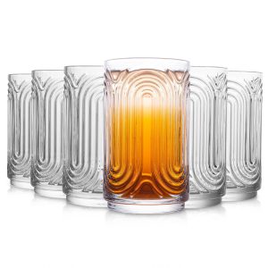 INSETLAN Set of 6 Vintage Glassware - 14 oz Water Drinking Glasses, Art Deco Ripple Glass Cup, Cocktail Glasses, for Bar Beverages Ice Coffee Juice, Housewarming Presents, New House Essentials