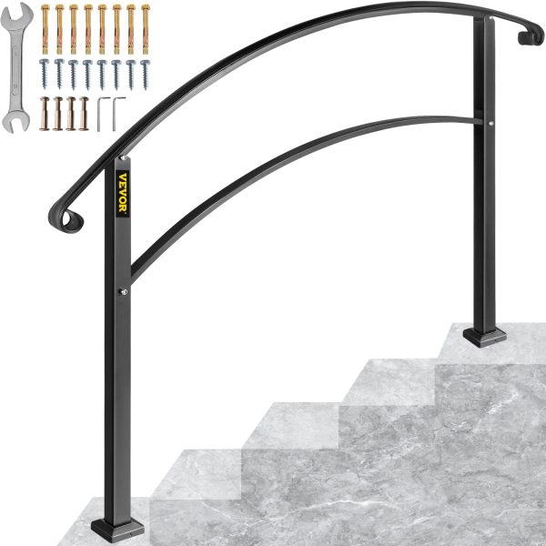 Happybuy Handrails for Outdoor Steps, Fit 1 or 5 Steps Outdoor Stair Railing, Black Wrought Iron Handrail, Flexible Front Porch Hand Rail, Transitional Handrails for Concrete Steps or Wooden Stairs