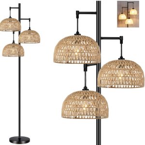 QIYIZM Floor Lamp for Living Room,Bedroom,3-Lights Boho Rattan Floor Lamps,Tree Farmhouse Industrial Black Standing Lamp Wicker Rustic Tall Lamp,Woven Bamboo LampShade Floor Light Bohemian