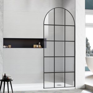 Bathroom Shower Glass Door, Fixed Arched Doorway 34" W*74" H Glass Door, 5/16"(8mm) Thick Clear Tempered Glass Door Panel Screen, Matte Black