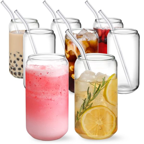 NETANY [ 8pcs Set ] Drinking Glasses with Glass Straw - 16oz Can Shaped Glass Cups, Beer & Iced Coffee Glasses, Cute Tumbler Cup, Ideal for Whiskey, Soda, Tea, Water, Gift - 2 Cleaning Brushes