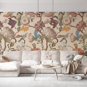 Floral Peel and Stick Wall Mural Beige Flower Wallpaper for Bedroom TV Background Vintage Wallpaper Large Floral Wall Murals Wall Paintings Art Deco 148"W x 98"H