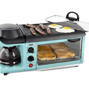 Nostalgia 3-in-1 Breakfast Station - Includes Coffee Maker, Non-Stick Griddle, and 4-Slice Toaster Oven - Versatile Breakfast Maker with Timer - Aqua