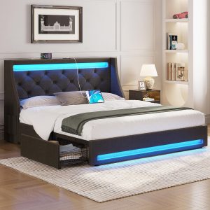 Rolanstar Full Bed Frame with LED Lights and Charging Station, Upholstered Bed with Drawers, Wooden Slats, Noise Free, Easy Assembly, Dark Gray