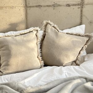 5F Balcony Decorative 100% Linen Boho Throw Pillow Covers 18 × 18 Set of 2 - Natural Beige Neutral Throw Pillows with Handmade Fringes, Accent Square Pillow Covers for Couch Bed Patio Outdoor