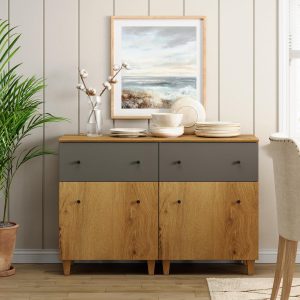 WAMPAT Set of 2 Buffet Cabinets with Drawer and Door for Kitchen, 47.2" Modern Sideboard Wood Storage Cabinet with Adjustable Shelves for Dining Room, Living Room, Entryway, Oak Brown&Dark Grey