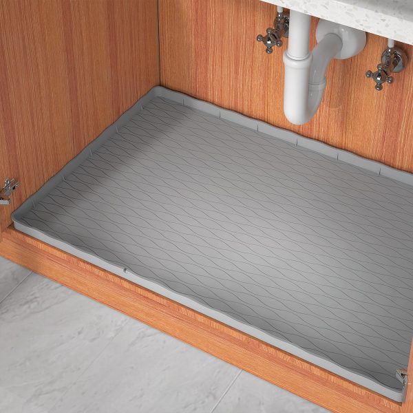 MHHA Under Sink Mat for Kitchen Waterproof, 34" × 22" Silicone Bathroom Sink Mat, Under Sink Liner Drip Tray and Protectors for Bottom of kitchen Sink, Fits 36'' Stand Cabinets (Grey)