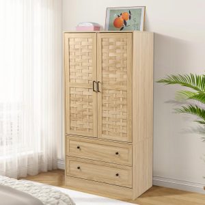 LEVNARY Armoire Wardrobe Closet with 2 Woven Doors, Wardrobe Cabinet with 2 Storage Drawers and Hanging Rail, Freestanding Wooden Closet for Bedroom (Natural)