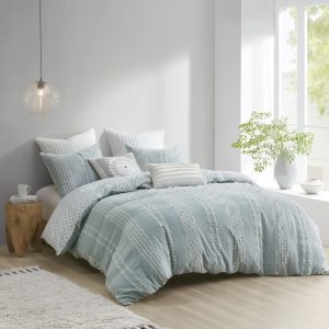 INK+IVY 100% Cotton Comforter Set Trendy Stripe Textured Design, Modern Down Alternative, All Season Cozy Bedding with Matching Shams, King/Cal King, Aqua Reversable Stripes