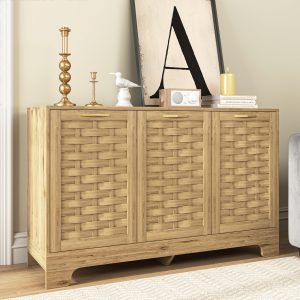 Buffet Cabinet with Storage, Wood Sideboard Cabinet with 3 Woven Doors, Accent Storage Cabinet with Console Table & Adjustable Shelves for Kitchen, Living Room, Dining Room, Bedroom, Hallway, Entryway