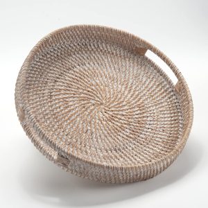 Round Rattan Serving Tray Decorative Woven Ottoman Trays with Handles for Coffee Table White (Small 11.8 inch x 2.4 inch)