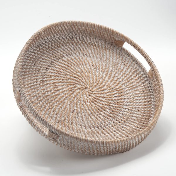 Round Rattan Serving Tray Decorative Woven Ottoman Trays with Handles for Coffee Table White (Small 11.8 inch x 2.4 inch)