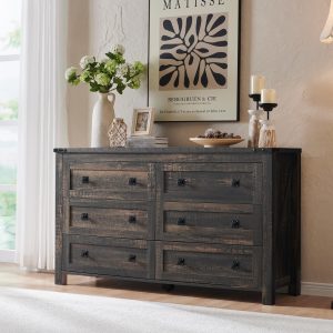 RedLemon Farmhouse 6 Drawer Dresser for Bedroom, 54 Inch Wide Rustic wood Dresser TV Stand, Dresser Chest of Drawers for closet, Living Room, Hallway, Dark Rustic Oak