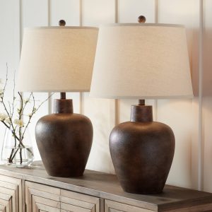 Regency Hill Glenn Farmhouse Rustic Southwestern Table Lamps 27" Tall Set of 2 Dark Terra Cotta Tapered Fabric Drum Shade Decor for Living Room Bedroom House Bedside Nightstand Home Office