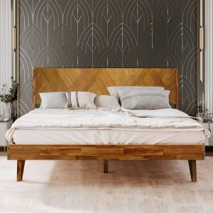 RORNS Gazelle Bed Frame with Artistic 41in High Headboard Solid Wood Platform Bed, Art Deco Premium Natural Wood Bed Compatible with All Mattresses, Wood Slats Support (Caramel, Queen)