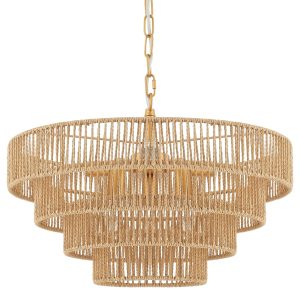 ELYCCUPA 6-Lights Hand-Woven Rattan Pendant Light 4 Round Transitional Minimalist Boho Large Pendant Light for Kitchen Island Dining Room Living Room Hallway, Dia 20 Inch, UL Listed