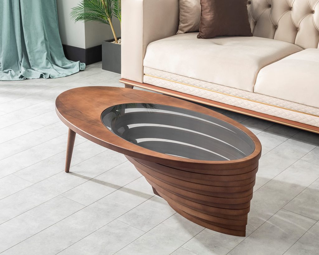 by Papella Design, Natural Walnut Veener Coffee Tables for Living Room, Rustic Table, Mesa De Centro para Sala, Center Table, Glass Table top, Walnut Color, (Cloud)