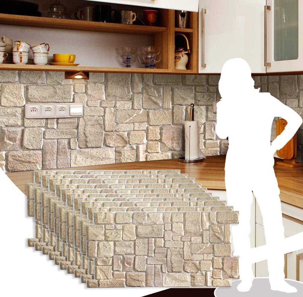Dundee Deco PG7005-10 Beige Faux Limestone PVC 3D Wall Panel, 3.3 ft X 1.7 ft (98 cm X 50cm), Interior Design Wall Paneling Decor, 5.61 sq. ft. (0.49sq. m) each, Pack of 10