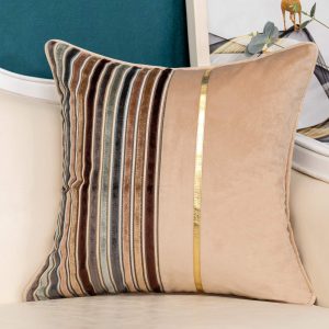 Yangest Brown Striped Patchwork Throw Pillow Cover Gold Leather Cushion Cover Zippered Pillowcase for Sofa Couch Bedroom Living Room Home Decoration,20x20 Inch