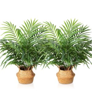 MOSADE Artificial Palm Tree 28”Fake Potted Areca Palm Plant with Handmade Seagrass Basket, Perfect Faux Tree Home Décor for Indoor Outdoor Office Porch Balcony Bedroom Bathroom Gift,2Pack