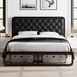 Feonase Full Size Bed Frame, Upholstered Platform Bed Frame with Heavy-Duty Steel Slats, Faux Leather Headboard, 12" Storage Space, No Box Spring Needed, Noise Free, Easy Assembly, Black