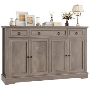 finetones Buffet Cabinet with Storage, 55.1" Large Sideboard Buffet Cabinet, White Kitchen Cabinet with 3 Drawers and 4 Doors, Wood Coffee Bar Cabinet for Kitchen Dining Room, Ash Grey