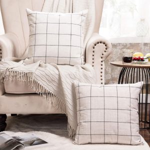 Basic Model Set of 2 Plaid Throw Pillow Covers Modern Farmhouse Decorative Square Linen Pillow Case for Sofa Couch Bed 16 x 16 Inch, Beige