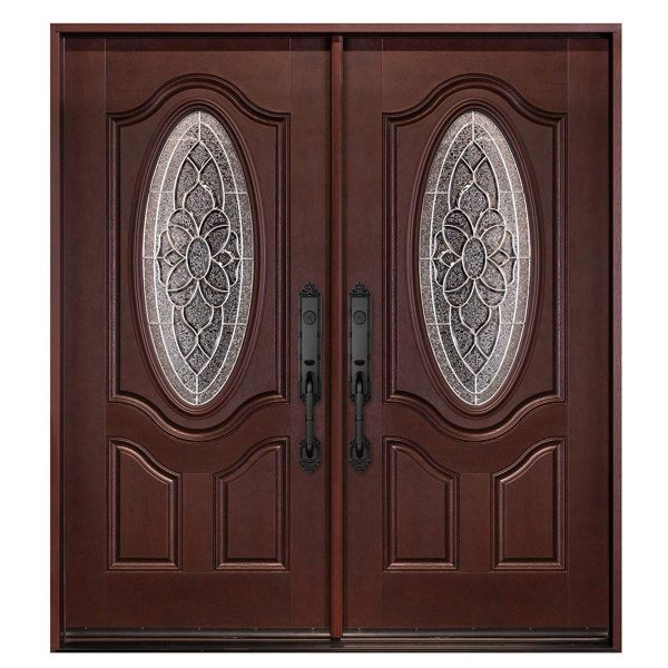 Fiberglass Exterior Door Front Entry Door Mahogany Finished Montrouge Style Right Hand in-Swing Double Door (Right-Hand, Double Doors 30"x30"x80")