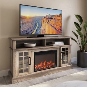 BELLEZE Traditional 58" Rustic TV Stand with 23" Electric Fireplace Heater, Media Entertainment Center Console Table for TV up to 65" with Open Storage Shelves and Cabinets - Astorga (Ashland Pine)