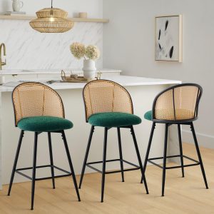 Bekrvio Swivel Counter Height Bar Stools Set of 3, Mid Century Modern 26" Bar Chairs with Rattan Back & Metal Legs, Upholstered Boucle Fabric Barstools Island Stools for Kitchen Counter Home Bar,Green