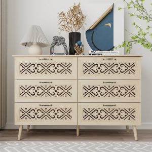 UHMUVFM 6 Drawer Double Dresser with Hollow Carving Decoration, Modern Chest of Drawers with Metal Handles, Accent Wood Storage Cabinet for Bedroom, Living Room and Kitchen (Natural)