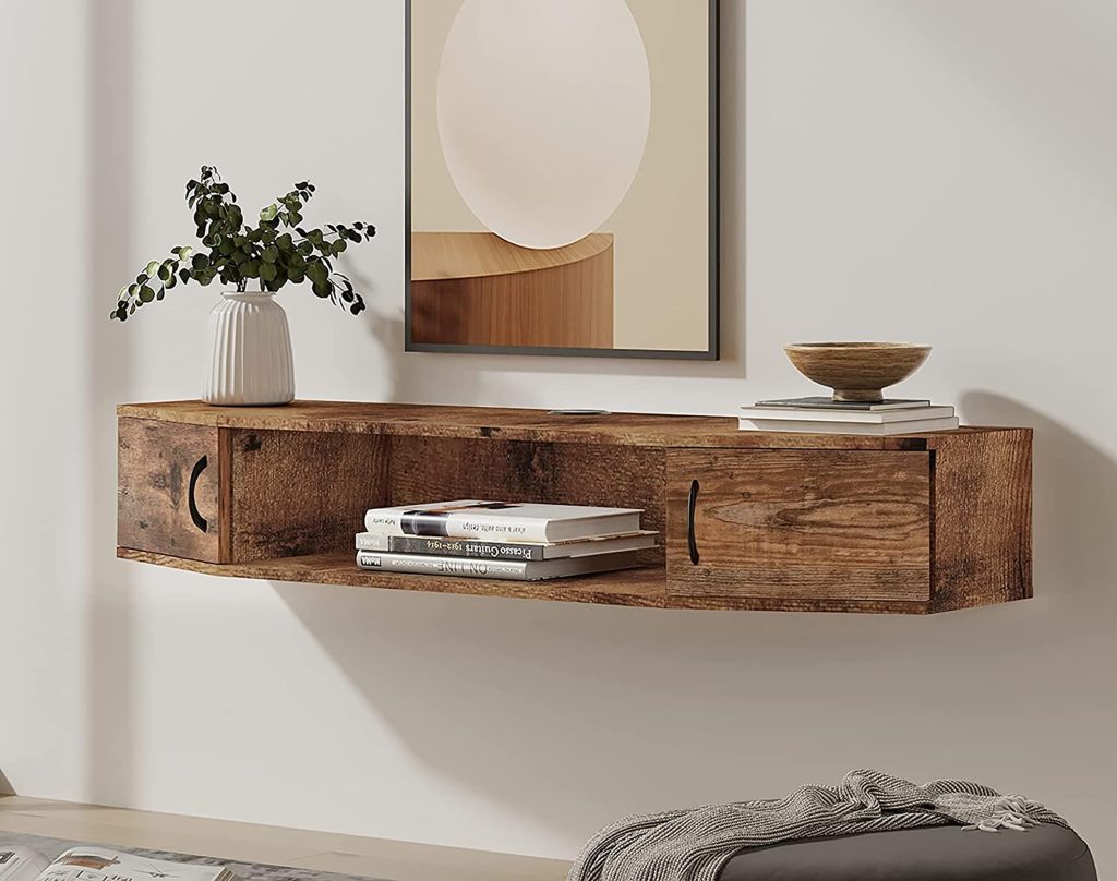 FITUEYES Floating TV Stand Wall Mounted TV Shelf Entertainment Center Walnut Media Console with Doors Cabinet Modern Component for Storage Hutch Under TV for Home Living Room Office,Rustic Brown