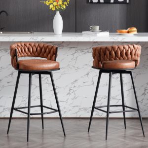 BFZ 26inch Bar Stools Set of 2, Counter Height Bar Stools, 180° Swivel Suede Fabric Stool Chairs with Woven Back and Footrest for Kitchen Island, Cafe, Pub, Bar Counter