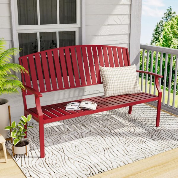 Outdoor Aluminum Bench with Backrest, Patio Metal 3-Seater Chair for Porch Balcony Deck Lawn Garden Poolside Yard (Red)