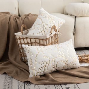 LIGICKY Set of 2 Decorative Lumbar Pillows Fluffy White Fur Pillow Coves Gold Branches Glitter Throw Pillows Soft Furry Sparkling Rectangle Cushion Cases for Sofa Bedroom Party Décor 12x20inch