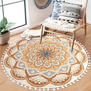 Uphome Round Rug 4ft Yellow Circle Boho Rug with Pom Pom Fringe Non-Slip Washable Soft Cute Blooming Mandala Throw Rug for Kid's Room Bedroom Entryway Nursery And Living Room