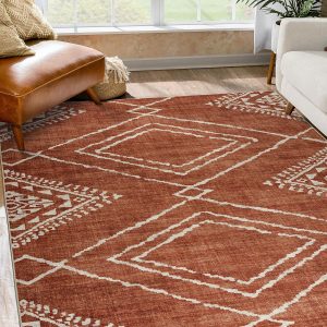 ReaLife Machine Washable Area Rug Runner - Living Room Bedroom Bathroom Kitchen Entryway Office - Non Slip Low Pile Stain Resistant Premium - Moroccan Diamond Tribal - Jax - Orange 3' x 5'