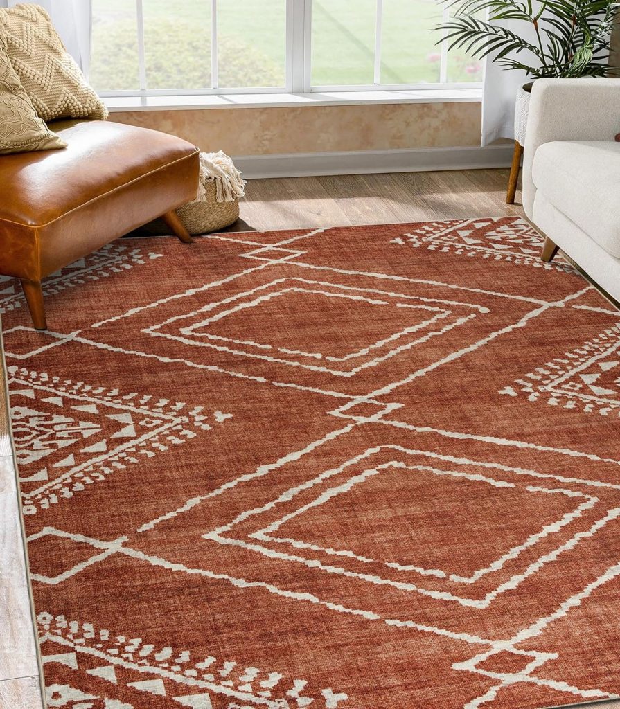 ReaLife Machine Washable Area Rug Runner - Living Room Bedroom Bathroom Kitchen Entryway Office - Non Slip Low Pile Stain Resistant Premium - Moroccan Diamond Tribal - Jax - Orange 3' x 5'