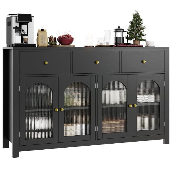 finetones Buffet Cabinet with Storage, 55.1" Large Sideboard Buffet Cabinet, Farmhouse Kitchen Cabinet Display Cabinet with 3 Drawers and 4 Doors, Wood Coffee Bar Cabinet for Kitchen, Black