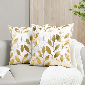 NeatBlanc Gold Stamping Leaves Decorative Cushion Covers - Pack of 2 Pillowcases - 18 x 18 Inches (45 x 45 cm) - Ideal for Couch, Bedroom, or Car Use…