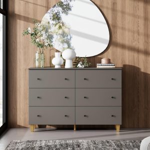 WAMPAT Dresser with 6 Drawers for Bedroom, Wooden Kids Dressers with Wide Chest of Drawers, Modern Closet Storage Organizer Furniture with Solid Wood Legs for Living Room, Hallway, Nursery, Dark Grey