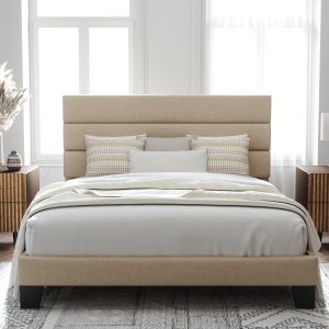 Allewie Full Size Platform Bed Frame with Fabric Upholstered Headboard and Wooden Slats Support, Fully Upholstered Mattress Foundation/No Box Spring Needed/Easy Assembly, Beige